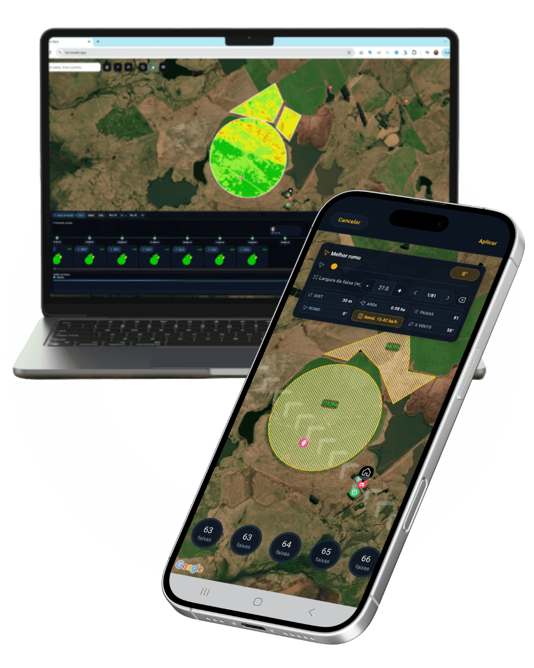 Farm planning app showing field map, NDVI analysis and operation planning on mobile and desktop