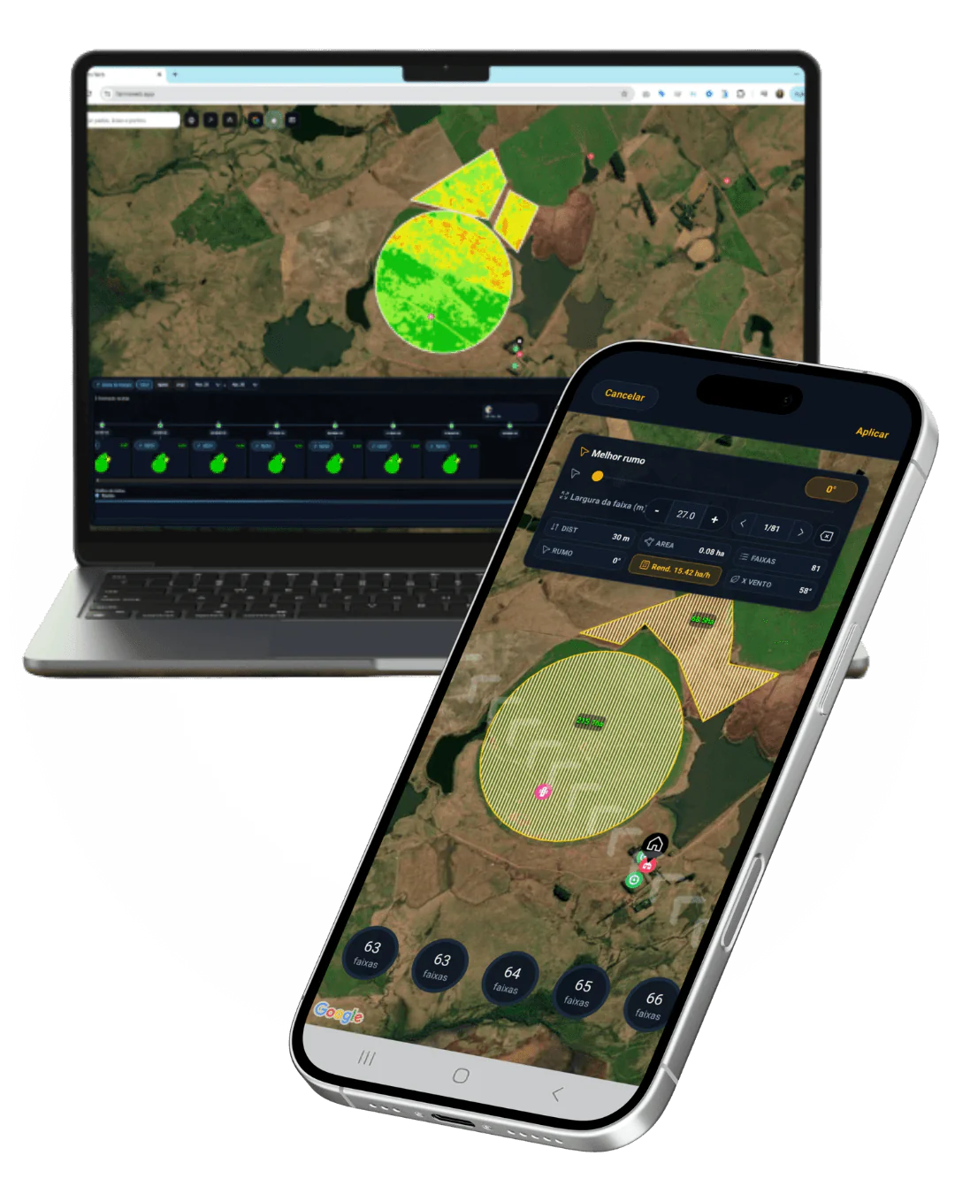 Farm planning app showing field map, NDVI analysis and operation planning on mobile and desktop
